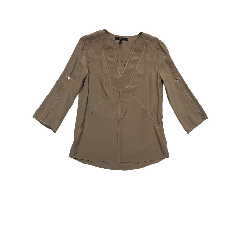 BCBGMaxAzria Blouse Womens XS Mocha Brown Silk 3/4 Sleeves Button-Tab Roll-Up‎